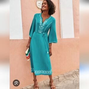 BODEN Remi Embroidered Midi Dress Turquoise Blue White Boho Women's 10 V-neck